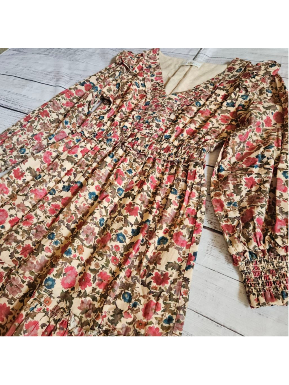 Anna Cate Floral V Neck Tiered Long Sleeve Maxi Dress Boho Peasant Womens Medium - Picture 2 of 7